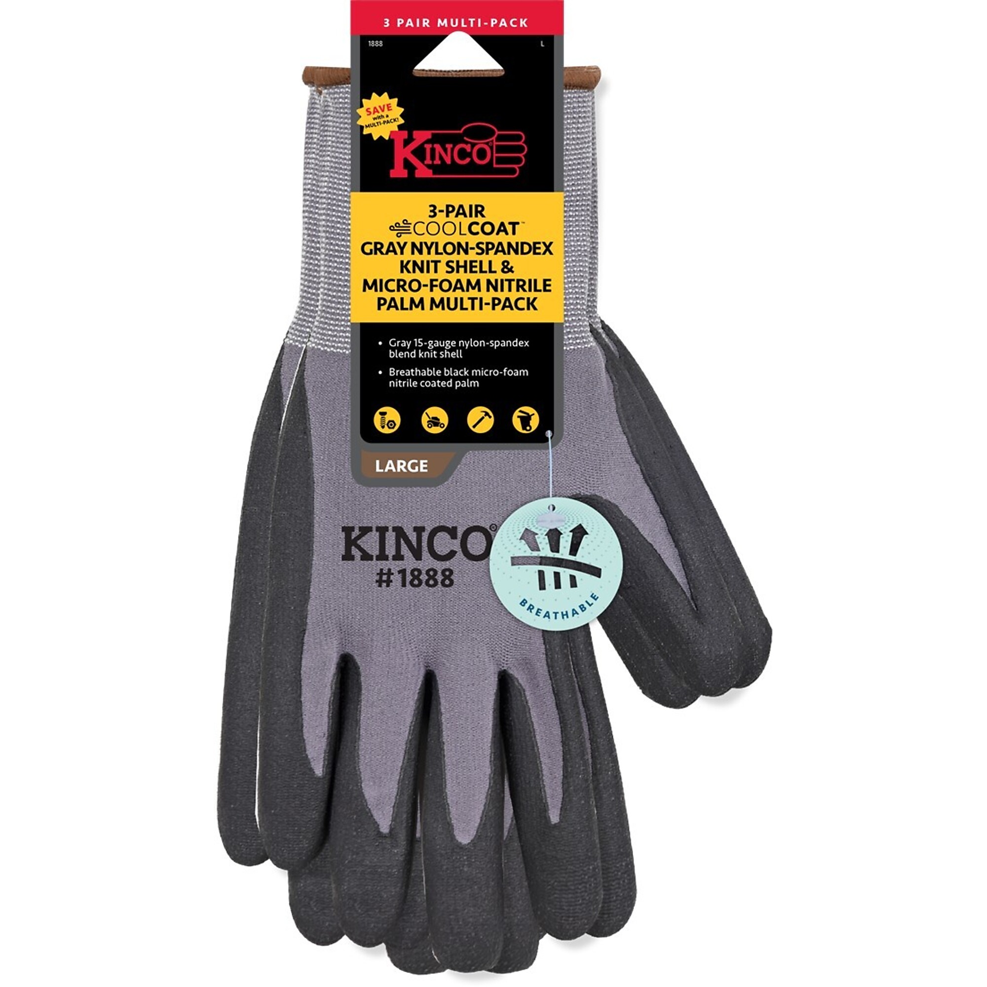 Kinco 15GA Nylon Span Blend Nitrile Coat Plm, GR, 3PK, L